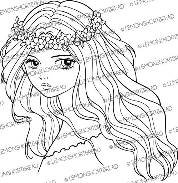 Buy digital stamp flower headband girl digi coloring page anime art fantasy lady face download online in india