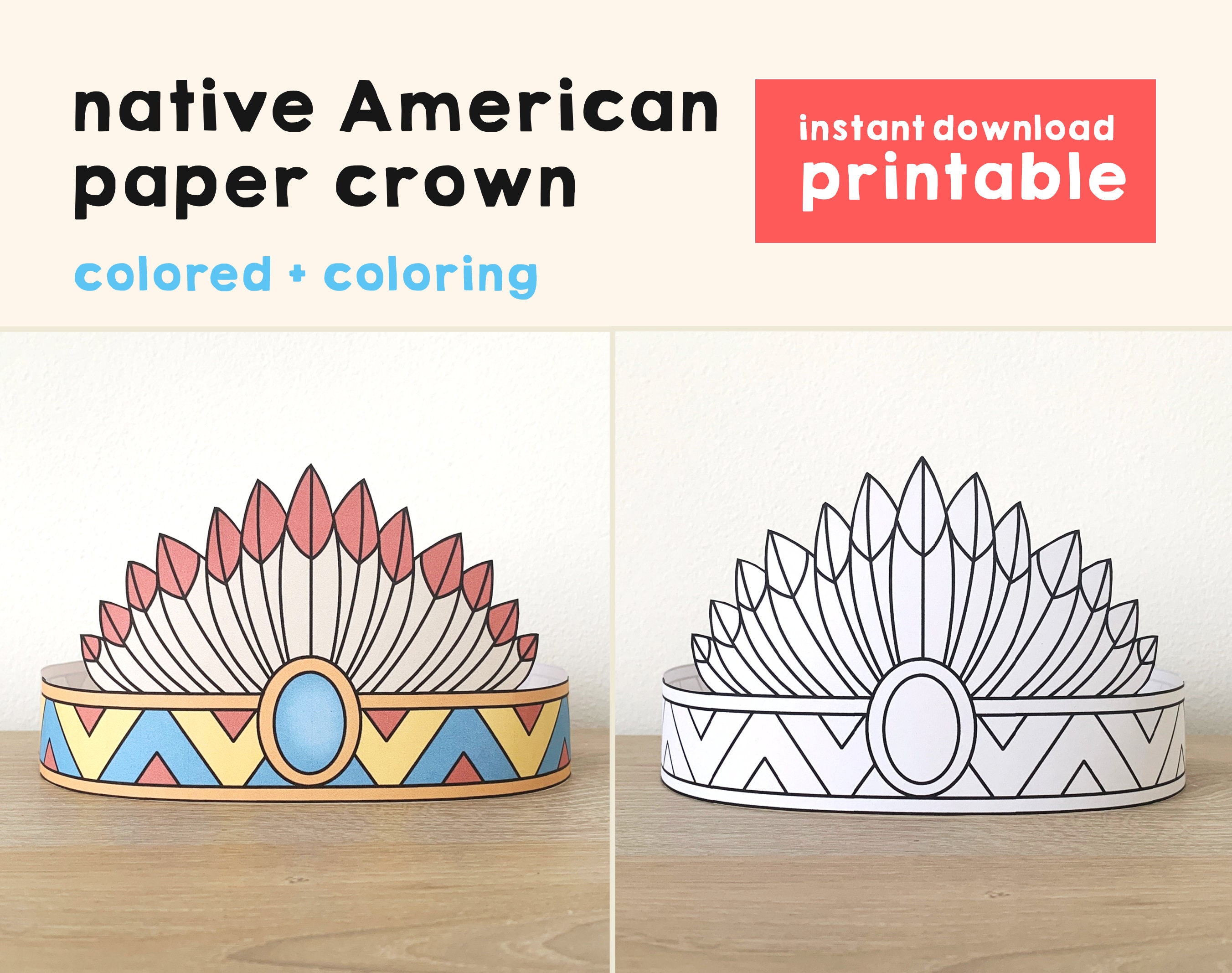 Native american paper craft headdress crown party coloring printable kids indian birthday decor printable favor pdf costume instant download download now
