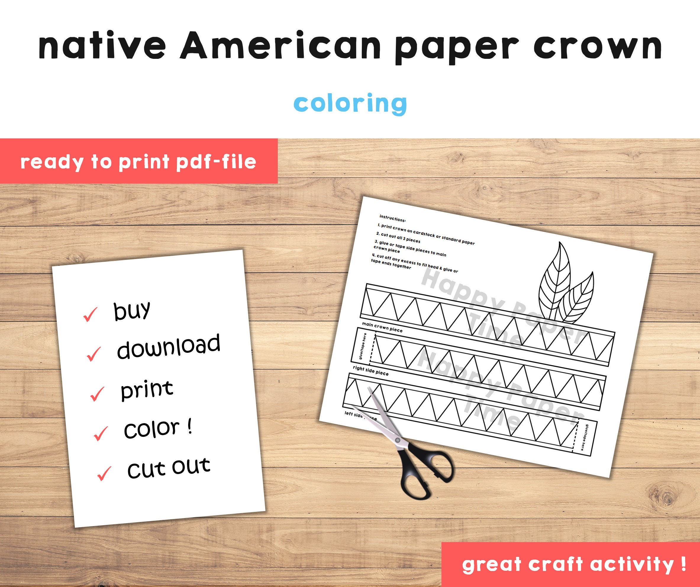 Native american paper headband crown party coloring printable kids craft indian birthday decor printable favor pdf costume instant download
