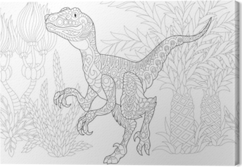 Poster stylized velociraptor dinosaur of the late cretaceous period freehand sketch for adult anti stress coloring book page with doodle and zentangle elements