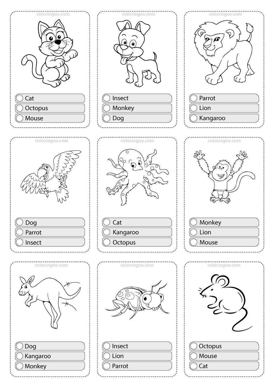 Printable animals multiple choice pdf flashcards