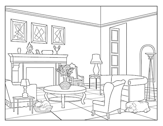 Living room around the house coloring pages for adults printable coloring page instant download pdf