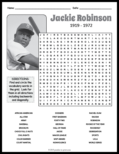 Jackie robinson biography word search puzzle worksheet activity made by teachers