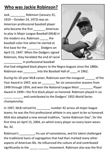Jackie robinson cloze activity teaching resources