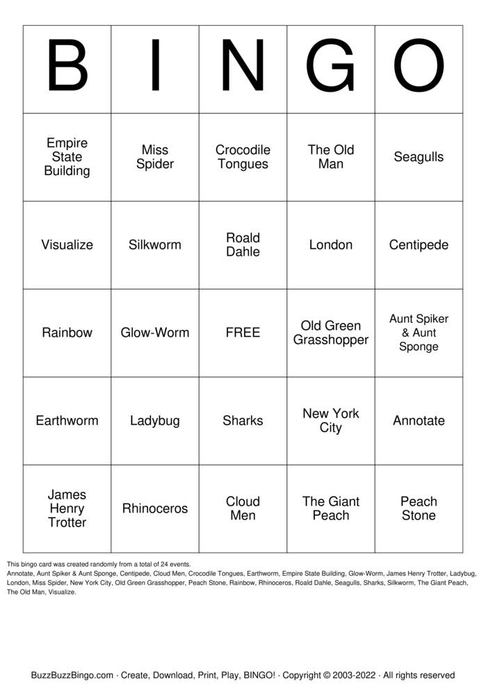James and the giant peach bingo cards to download print and customize