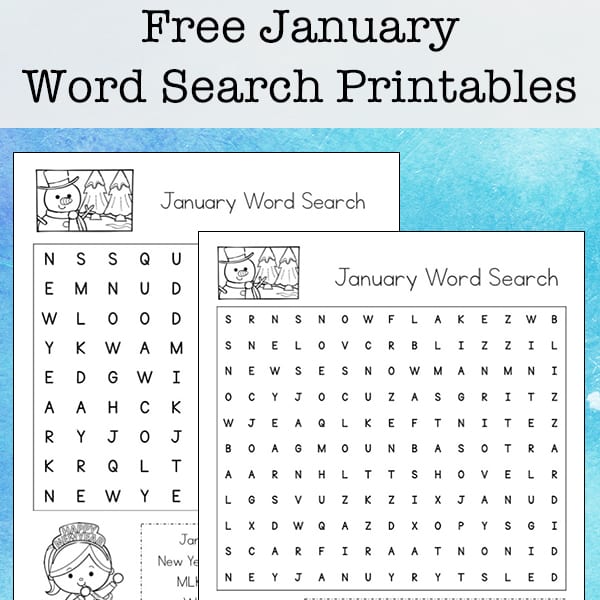 Free january word search printable puzzle set for kids