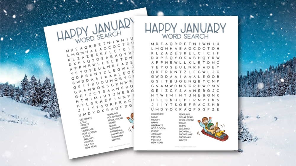 Free printable january word search