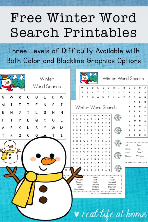 Free winter word search printable for kids with three levels of difficulty