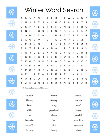 Free winter word search printable for kids with three levels of difficulty