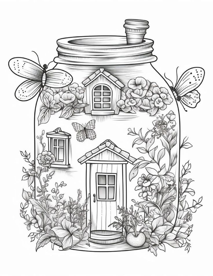 Printable fairy houses in jar coloring pages for adults graysle â raspiee coloring in graysle coloring books coloring book art graysle coloring