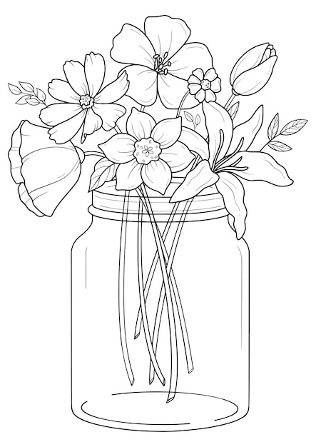 Premium vector a coloring page of a jar of flowers