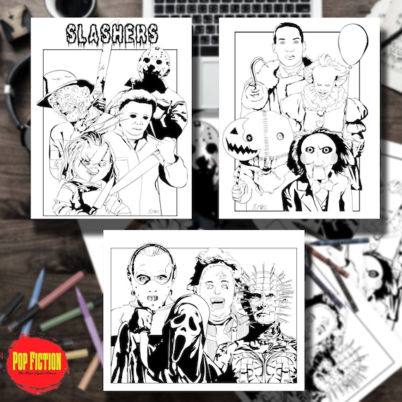 Coloring book downloadable slashers freddy kreuger jason vorhees ash williams books original artworks instant download