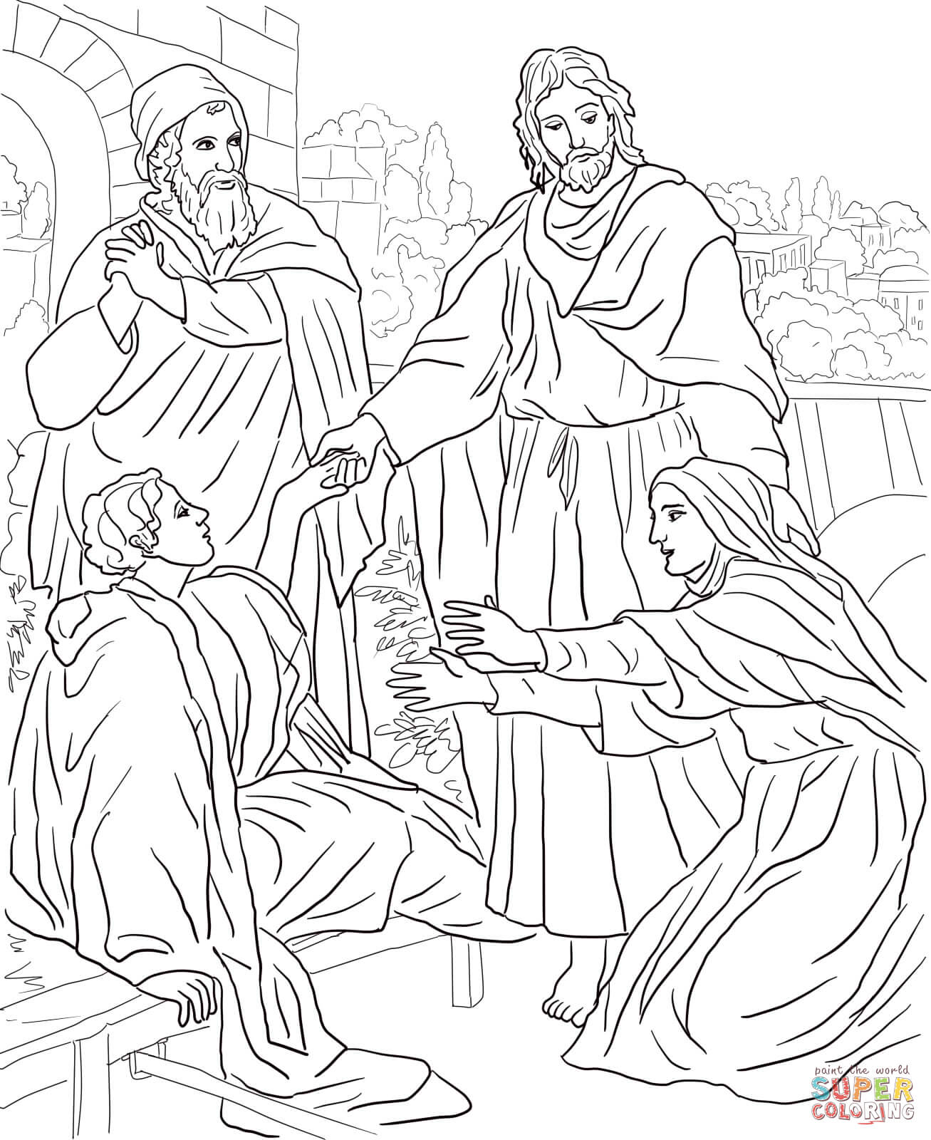 Jesus raises widows son coloring page free printable coloring pages