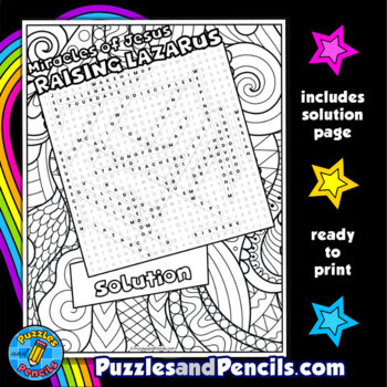Raising lazarus word search puzzle activity with coloring miracles of jesus