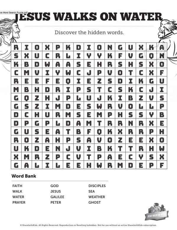 Jesus walks on water bible word search puzzles â