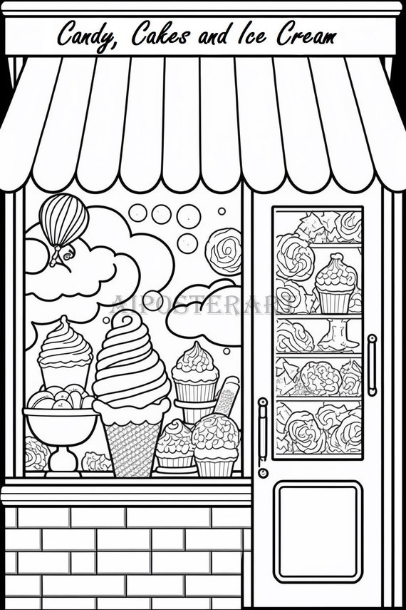 Candy cakes and ice cream shop window coloring page printable coloring sheet candy store coloring downloadable adult coloring