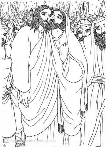 Judas betrays jesus to the men with a kiss of greeting coloring page free printable coloring pages