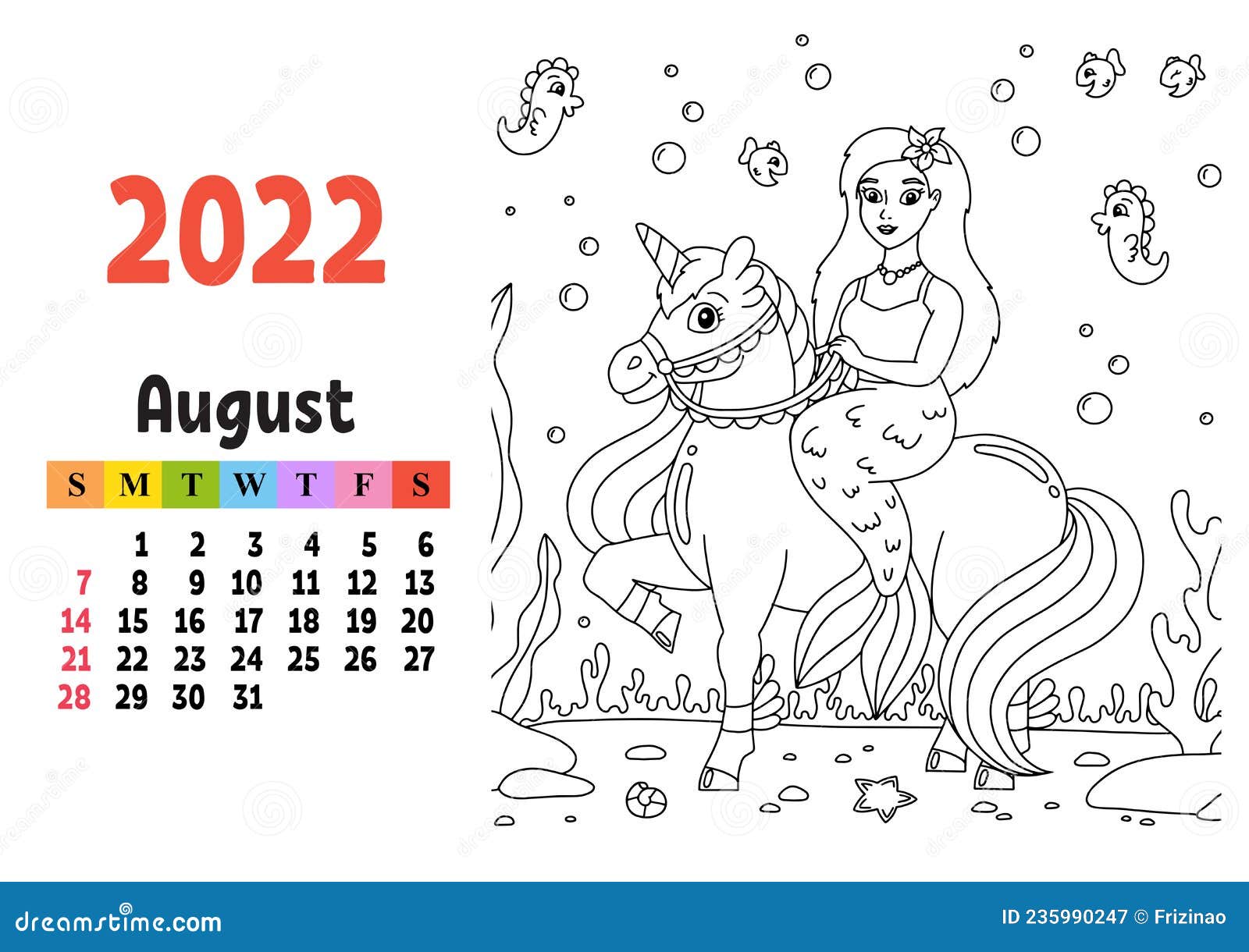 Calendar for with a cute character fairy unicorn coloring page fun and bright design isolated color vector illustration stock vector