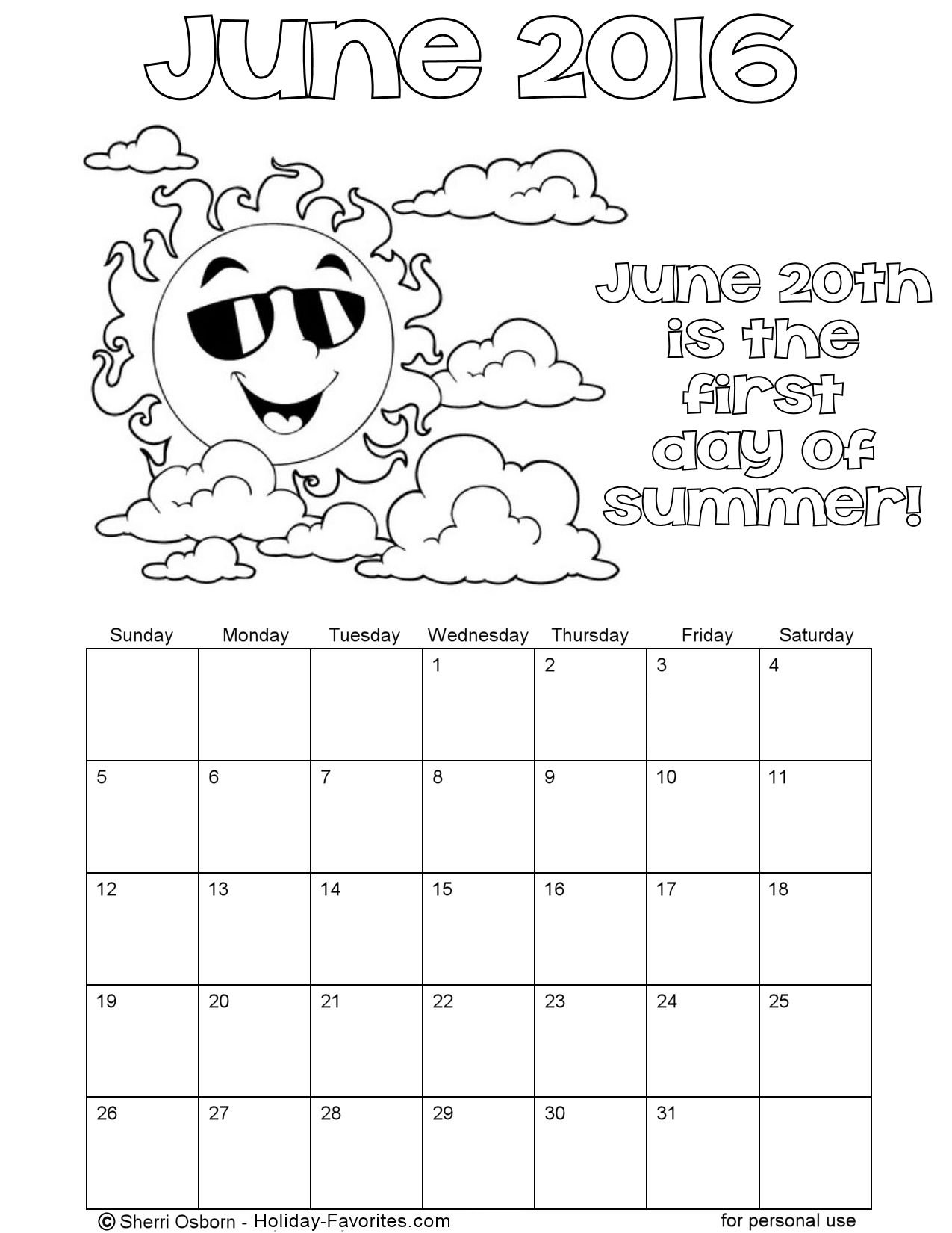 June printable summer color calendar holiday favorites