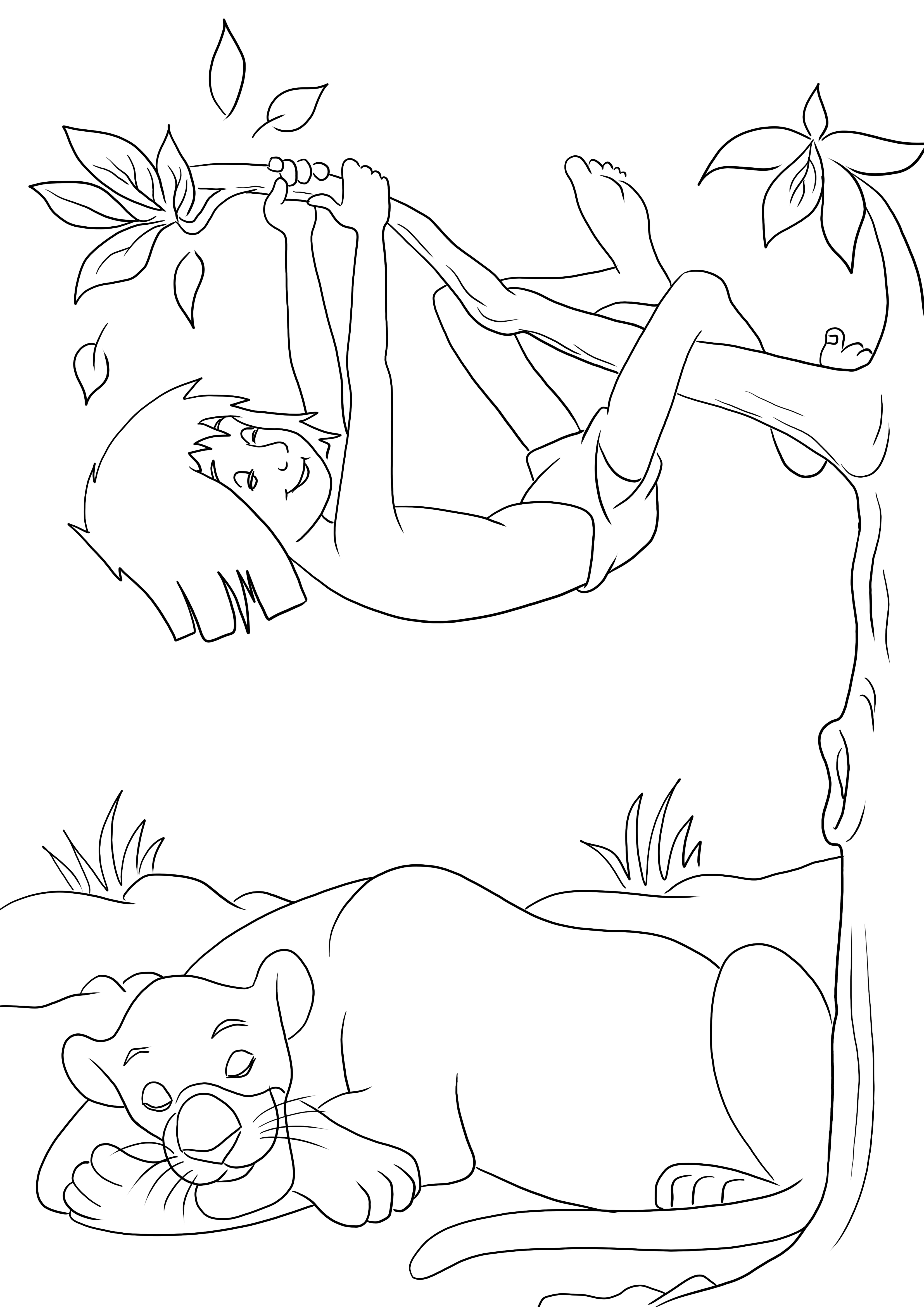 Mowgli and bagheera sleeping free printable for easy coloring