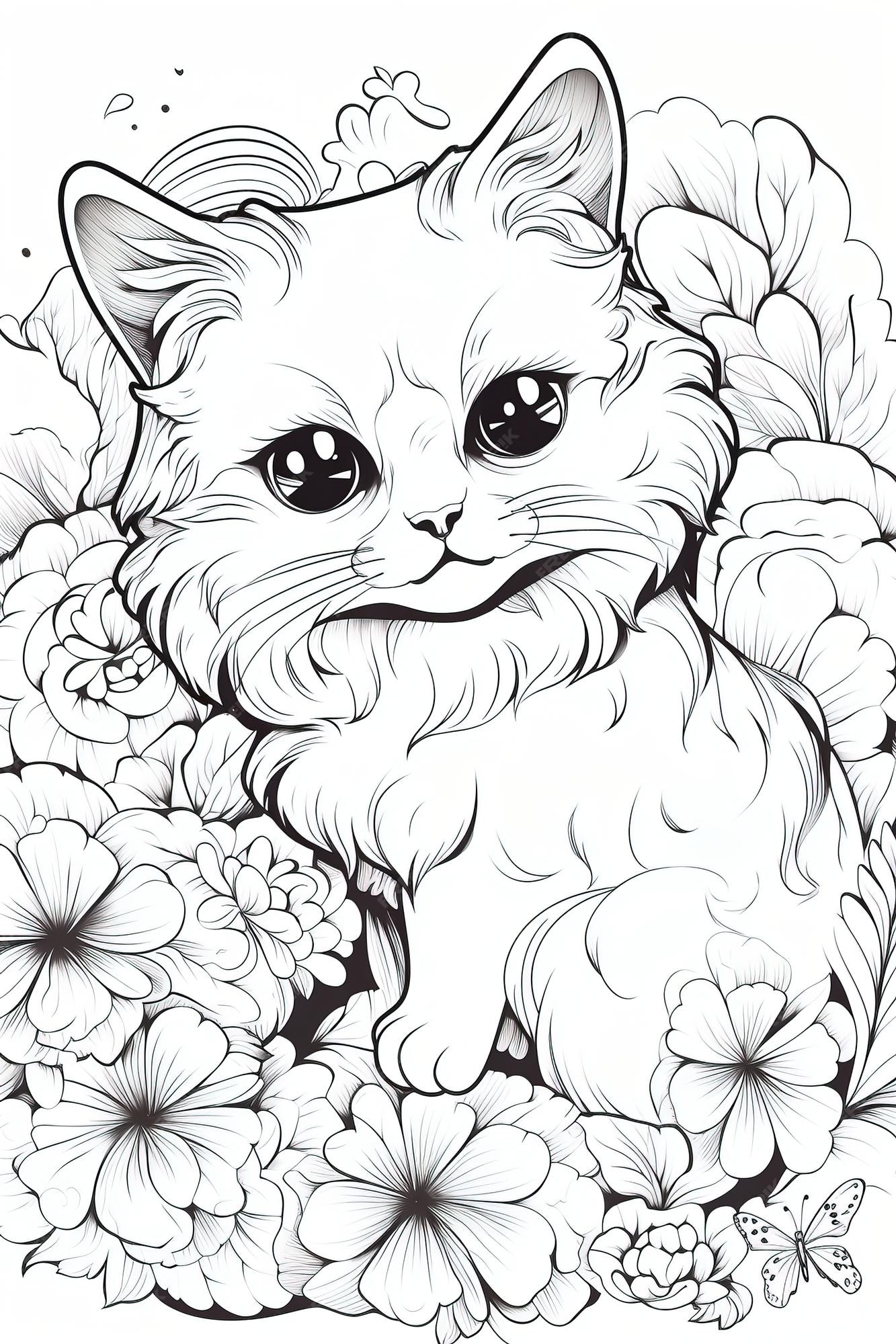 Premium vector coloring book a cute kawaii cat breed scottish fold with crisp line and with a flowery