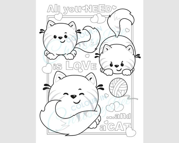 Kawaii cat coloring page printable adult colouring sheet kids activity page