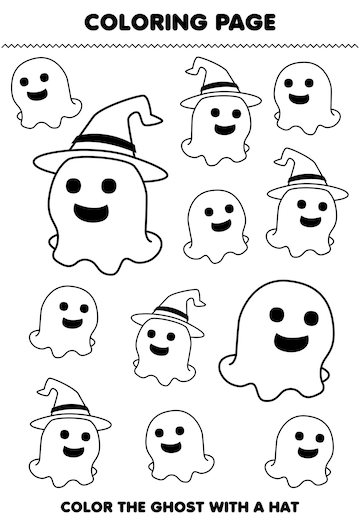 Premium vector education game for children coloring page of cute cartoon ghost with a hat line art halloween printable worksheet