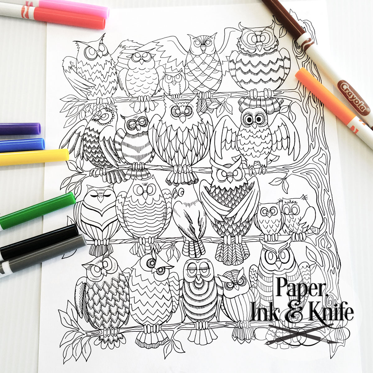 Owls roost â coloring page printable paper ink knife