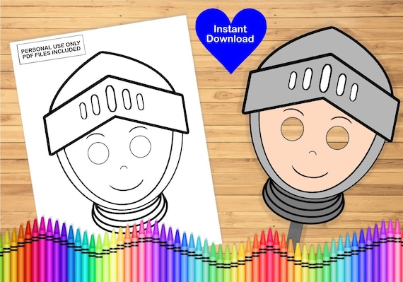 Knight mask coloring page printable classroom activity birthday party favor kids craft colouring sheet instant download