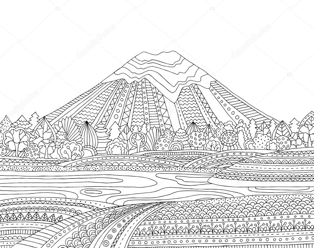 Printable coloring page for adults with mountain landscape lake flower meadow forest trees hand drawn vector illustration freehand sketch for adult anti stress coloring book page with doodle and stock vector by