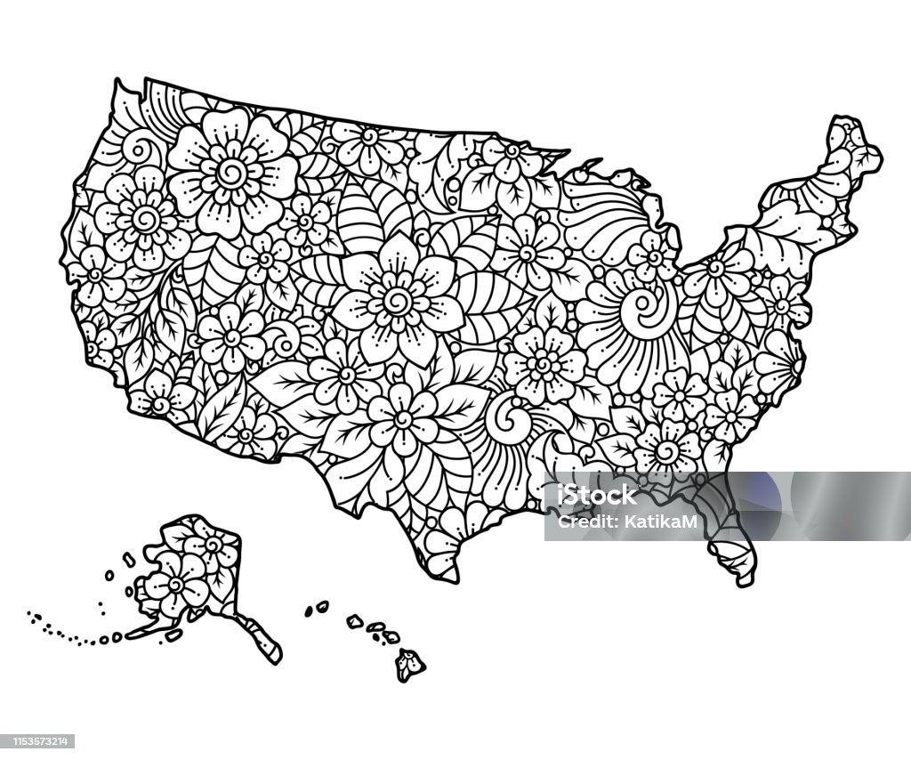 Outline map of united states of america filled with a highdetailed floral pattern flower ornament in oriental mehndi style coloring book page stock illustration