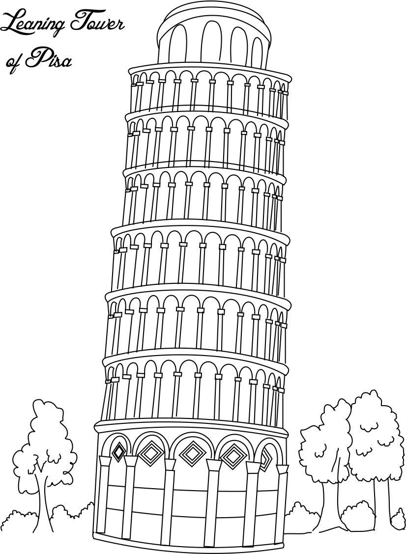 Leaning tower of pisa coloring page for kids