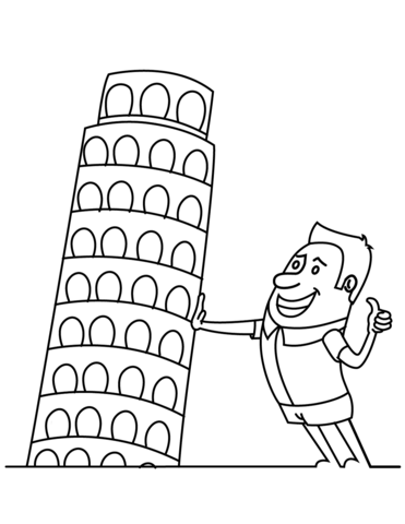 Cartoon traveller holding the leaning tower of pisa coloring page free printable coloring pages