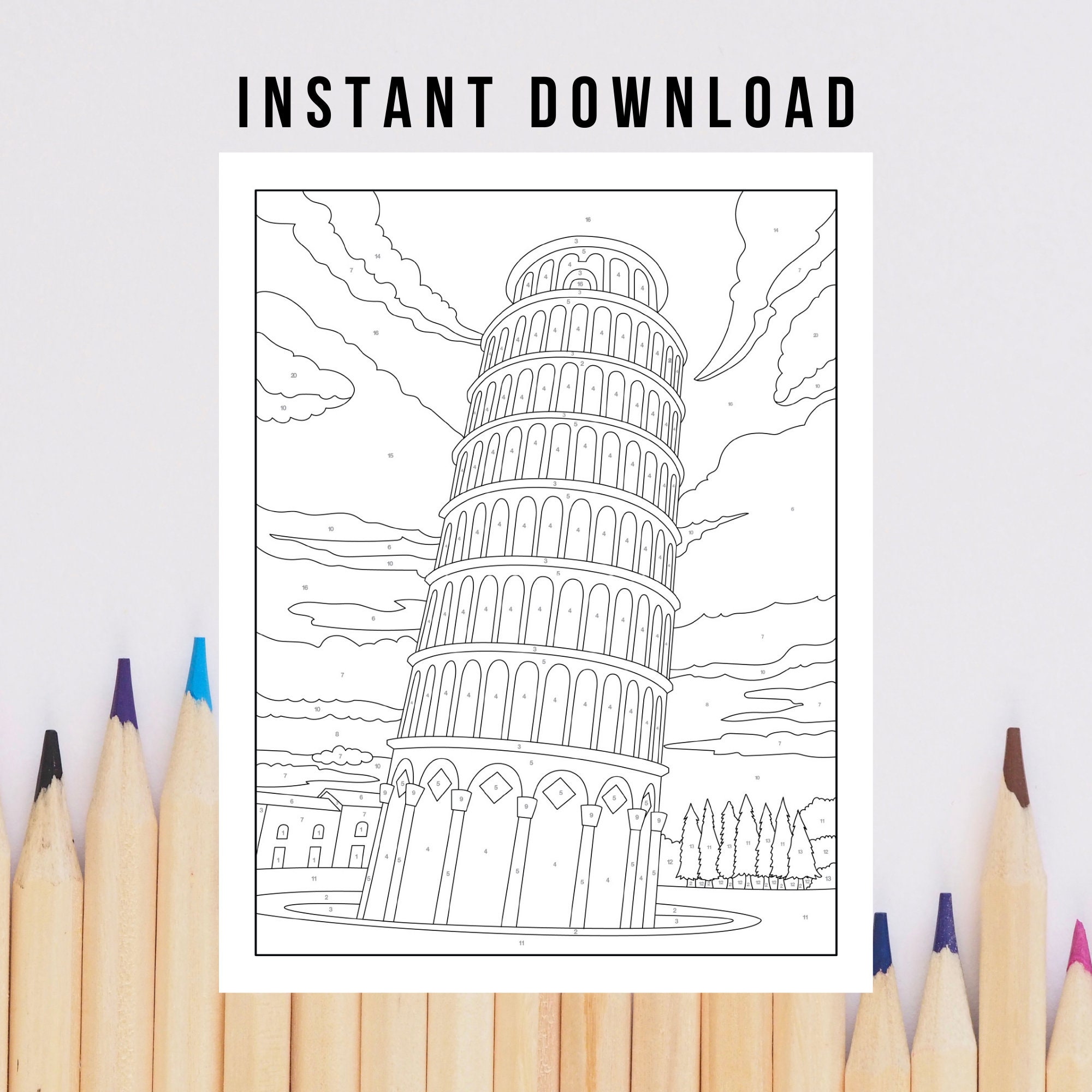 Best value leaning tower of pisa italy coloring page instant download world travel mosaic color by number mosaic coloring best places