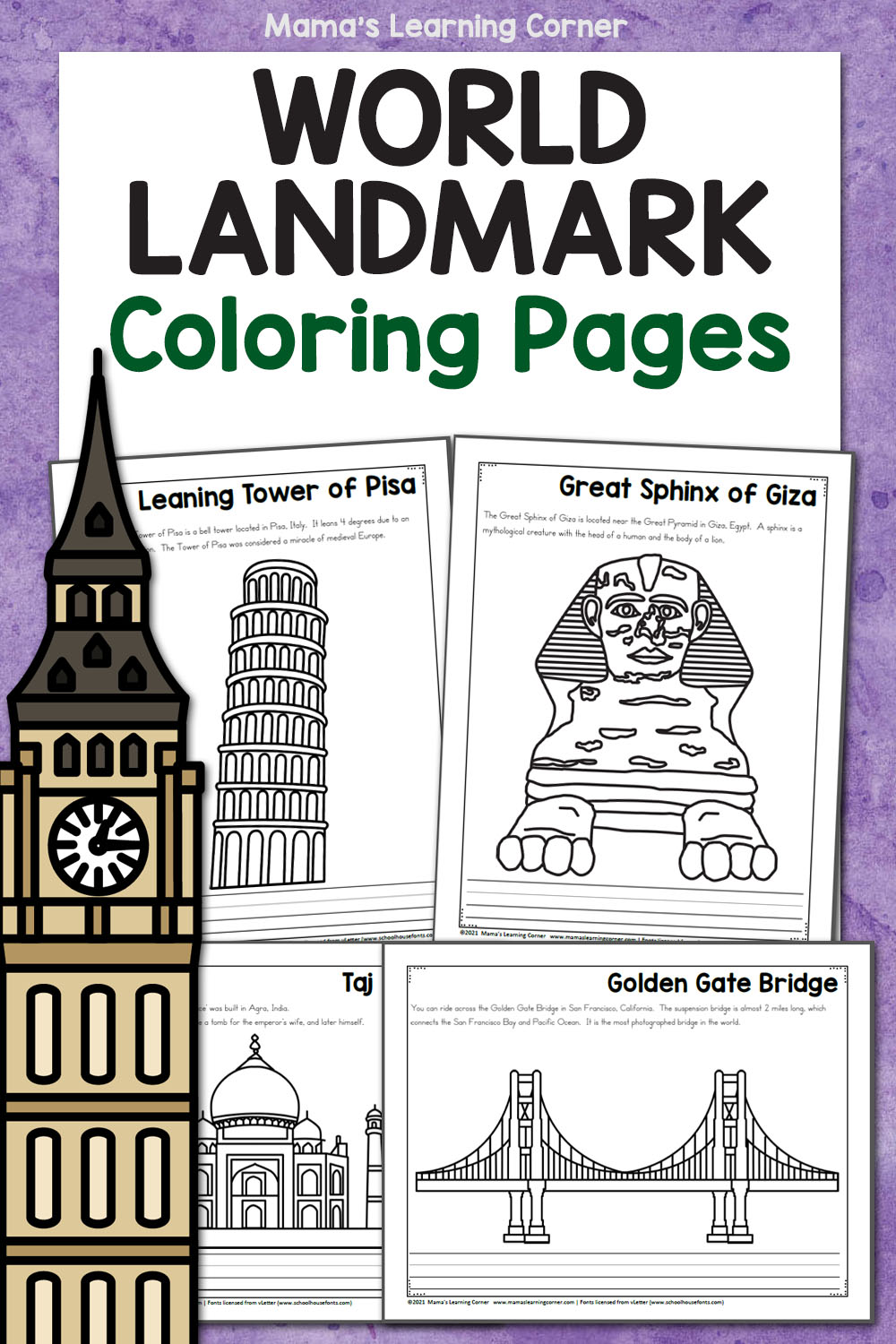 World landmark coloring pages with facts