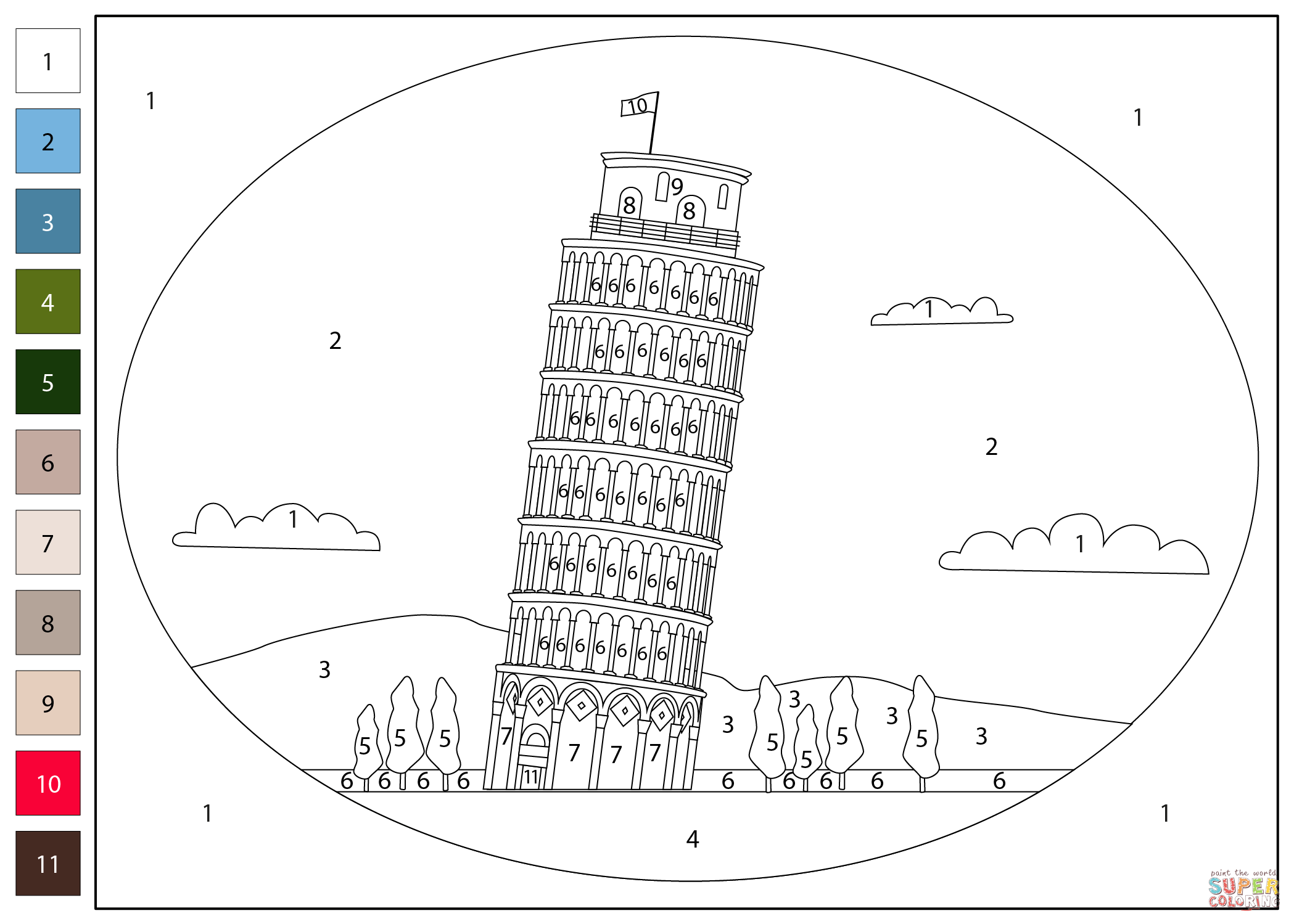 Leaning tower of pisa color by number free printable coloring pages