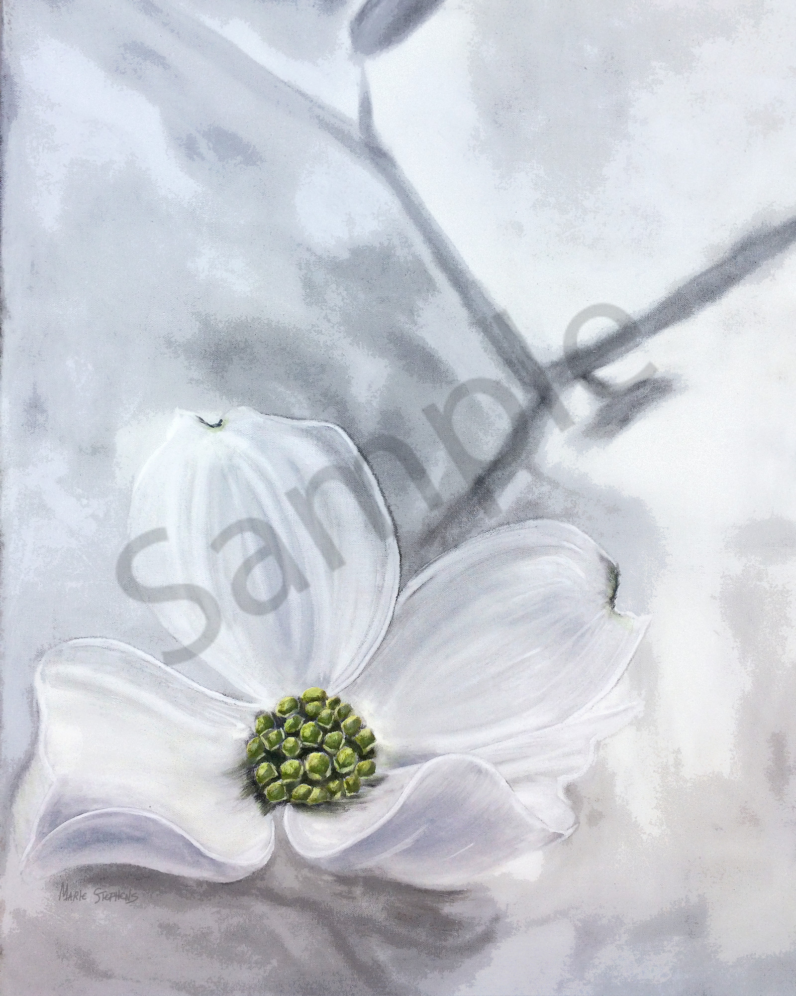 White dogwood flower art adds a soft touch of green