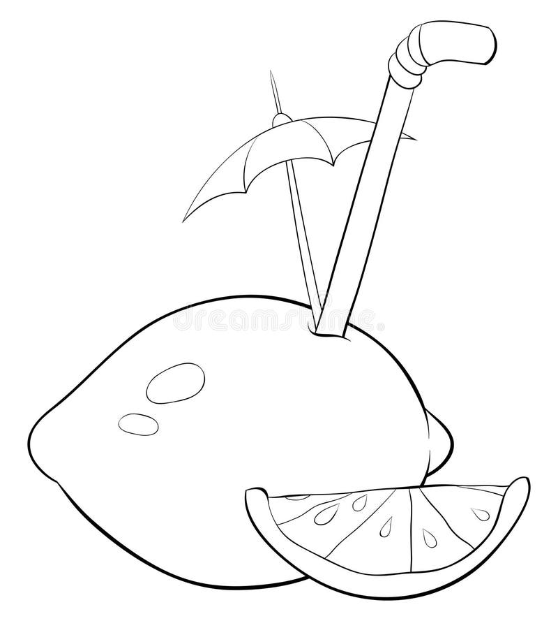 A coloring pagebook a lemon with umbrella image for childrenline art style illustration stock vector