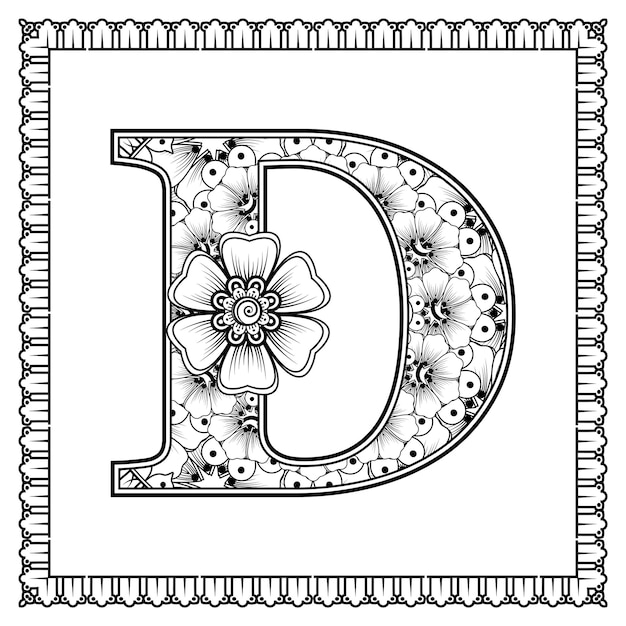 Premium vector letter d made of flowers in mehndi style coloring book page outline handdraw vector illustration