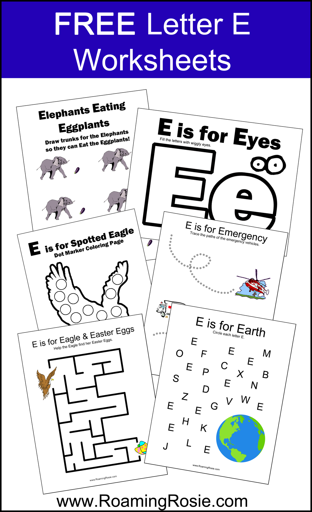 Letter e free alphabet worksheets for kids roaming rosie