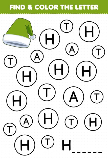 Premium vector education game for children find and color letter h for hat printable winter worksheet