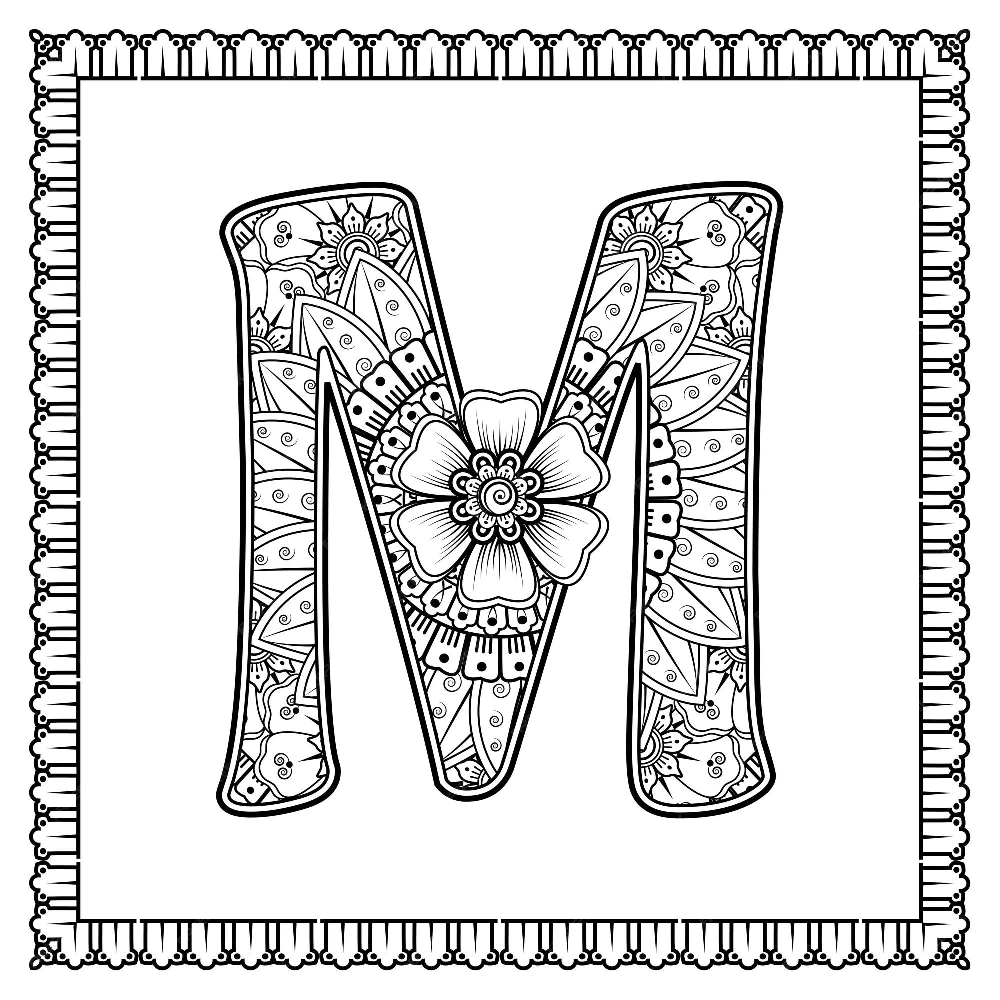 Premium vector letter m made of flowers in mehndi style coloring book page outline handdraw vector illustration