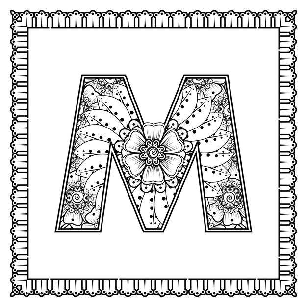 Premium vector letter m made of flowers in mehndi style coloring book page outline handdraw vector illustration