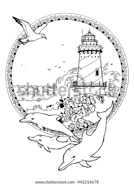 Coloring page adults lighthouse seagulls dolphins stock vector royalty free