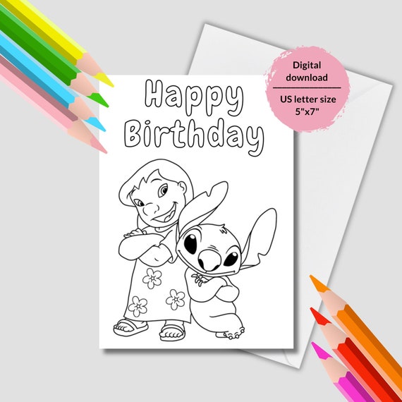 Lilo and stitch coloring page printable stitch birthday cards stitch birthday card instant download stitch coloring page happy birthday instant download
