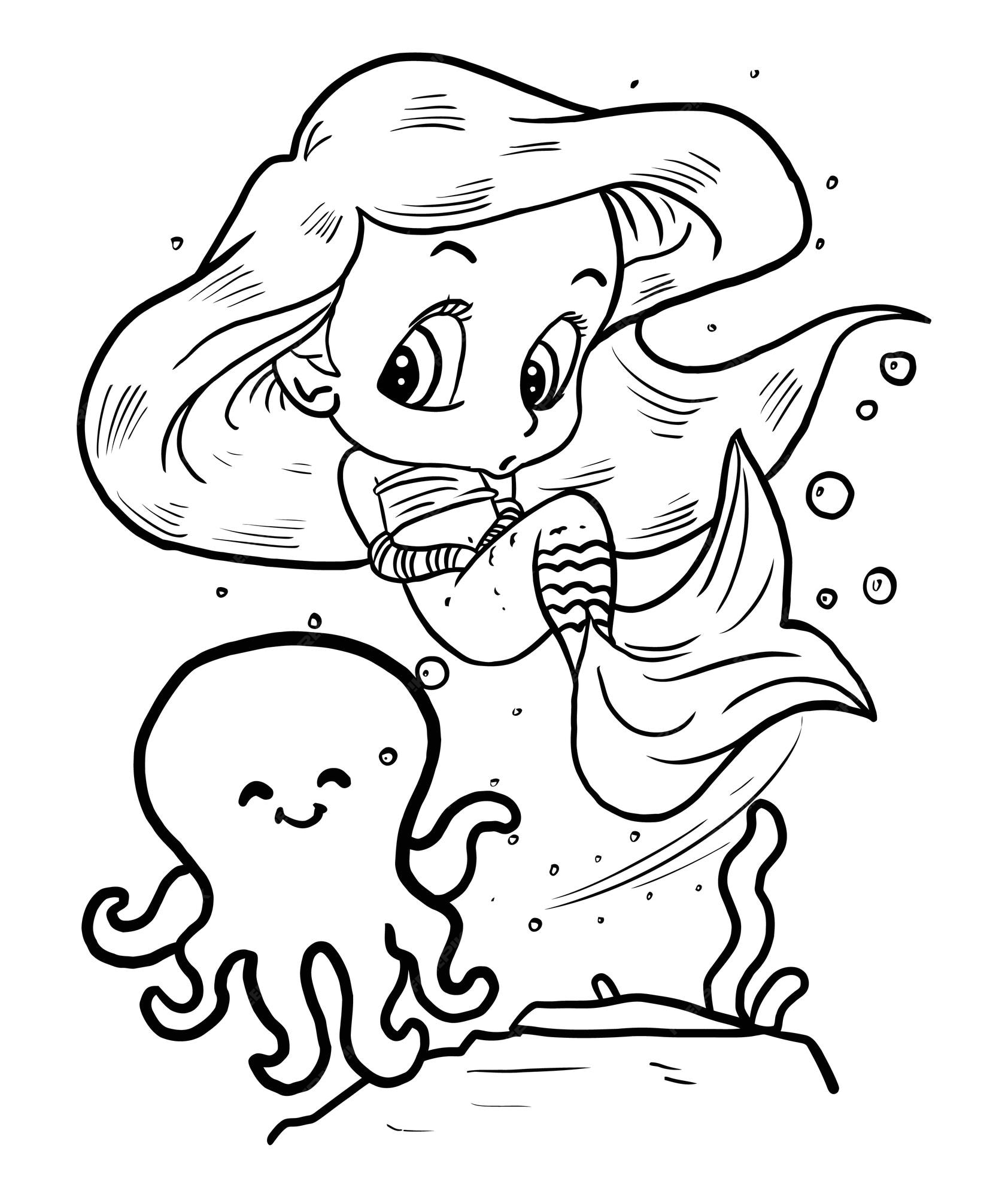Premium vector mermaid coloring book page for kids line art vector blank printable design for children to fill in