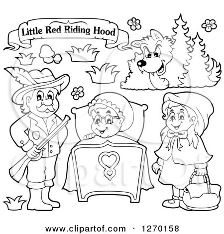 Clipart of a black and white little red riding hood banner and characters