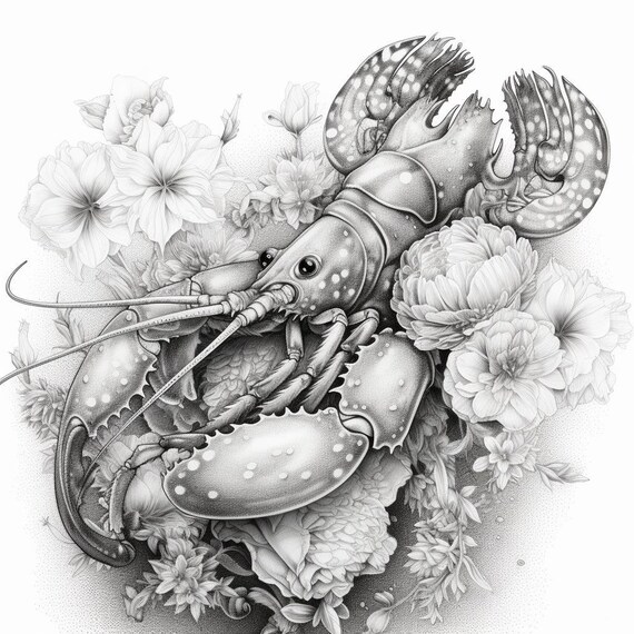 Greyscale beautiful lobster printable coloring pageprintable adult coloring pagedownload greyscale illustration png
