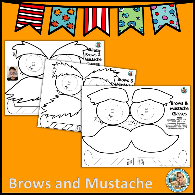 Dr seuss week lorax craft grandparent brows and mustache glasses