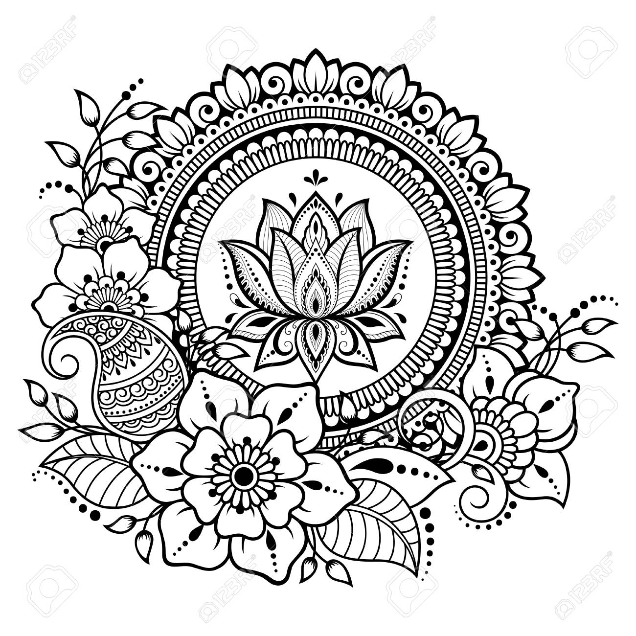 Circular pattern in form of mandala with lotus flower for henna mehndi tattoo decoration decorative ornament in ethnic oriental style coloring book page royalty free svg cliparts vectors and stock illustration image